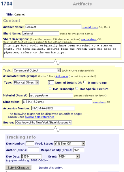 Artifact data entry form.