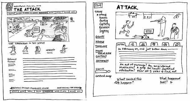 early rough sketches of historic scene pages.