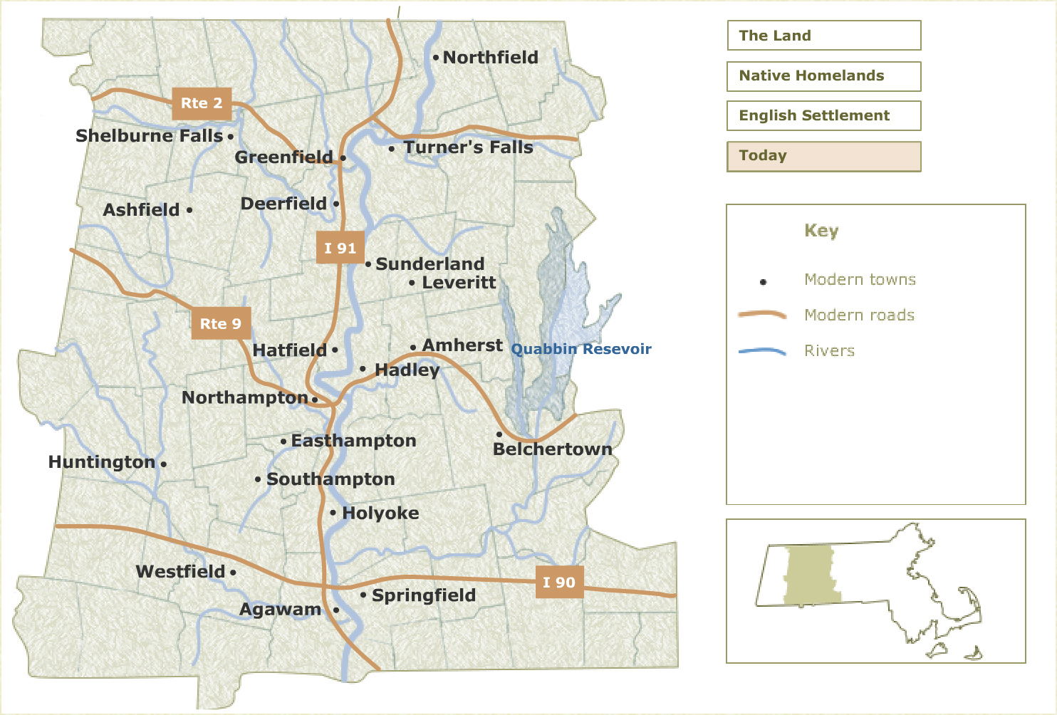 Present day towns and roads in the Connecticut River Valley